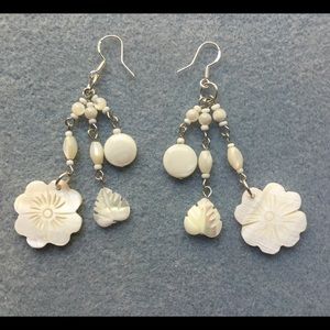 Mother of Pearl Flower & Leaf Charm Drop Earrings